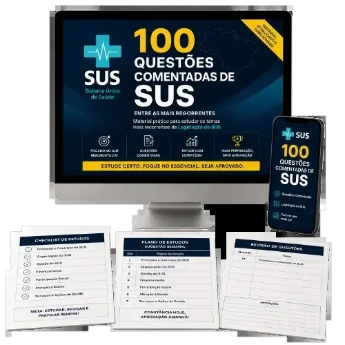 Mockup do Plano Básico com 100 Questões Comentadas de SUS